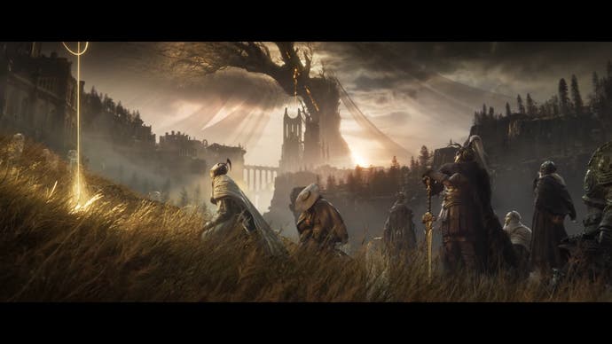 Arka planda dev bir ağaç bulunan tuhaf altın sembolün yanında duran birden fazla zırhlı karakterin görüldüğü Shadow of the Erdtree hikâye fragmanı ekran görüntüsü