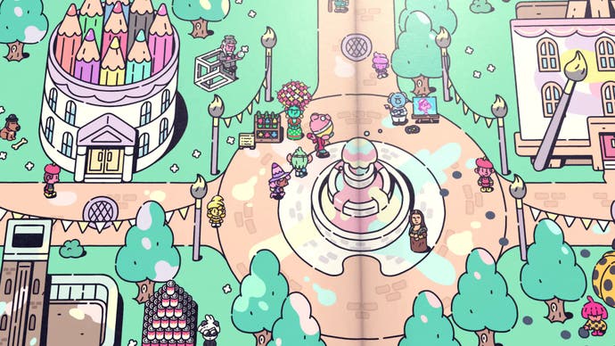 Kitapta turkuaz renkte hareketli bir şehri gösteren Plucky Squire ekran görüntüsü