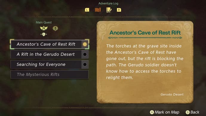 Görevleri içeren Macera Günlüğünü gösteren The Legend of Zelda: Echoes of Wisdom fragman ekran görüntüsü