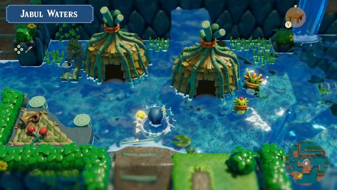 The Legend of Zelda: Echoes of Wisdom fragmanının Jabul Suyu'ndaki Zora köyünü müzik enstrümanlarıyla gösteren ekran görüntüsü