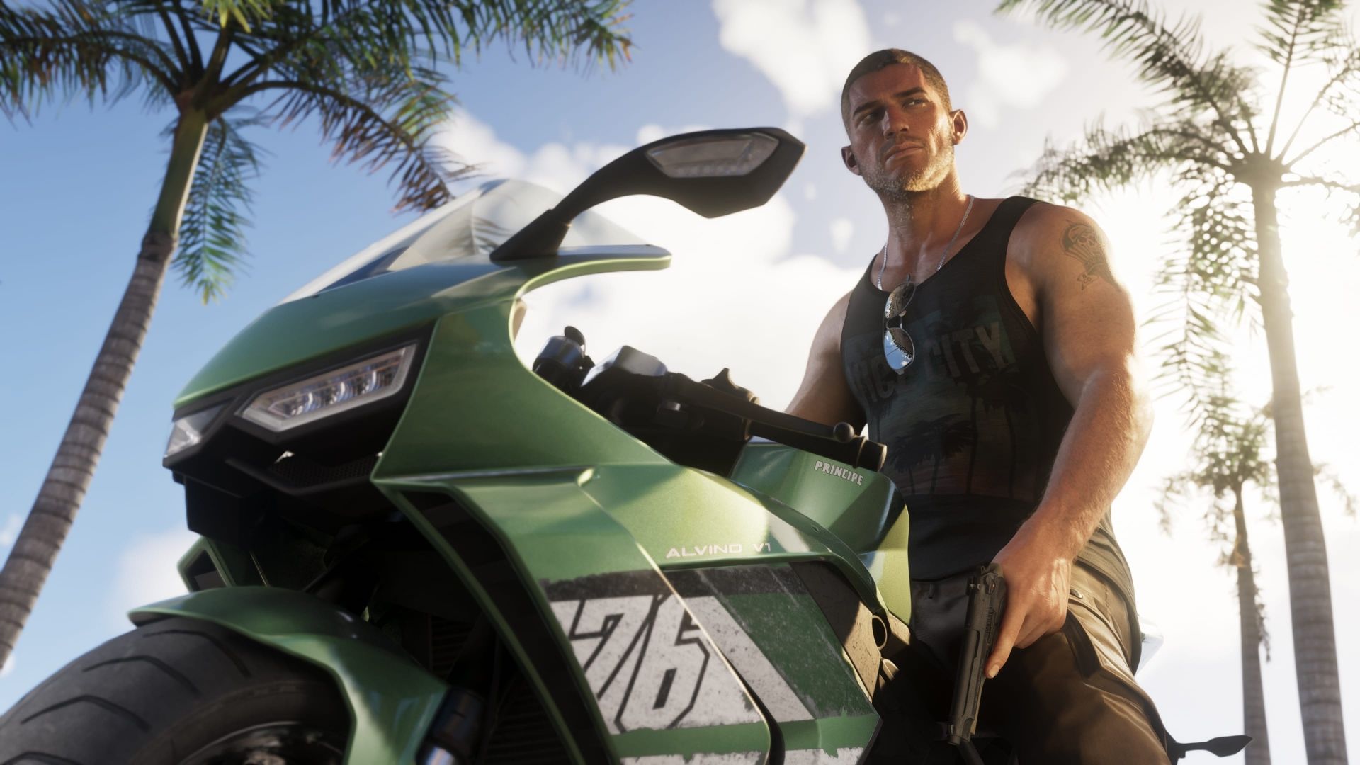 Jason Duval on the back of a motorbike in GTA 6