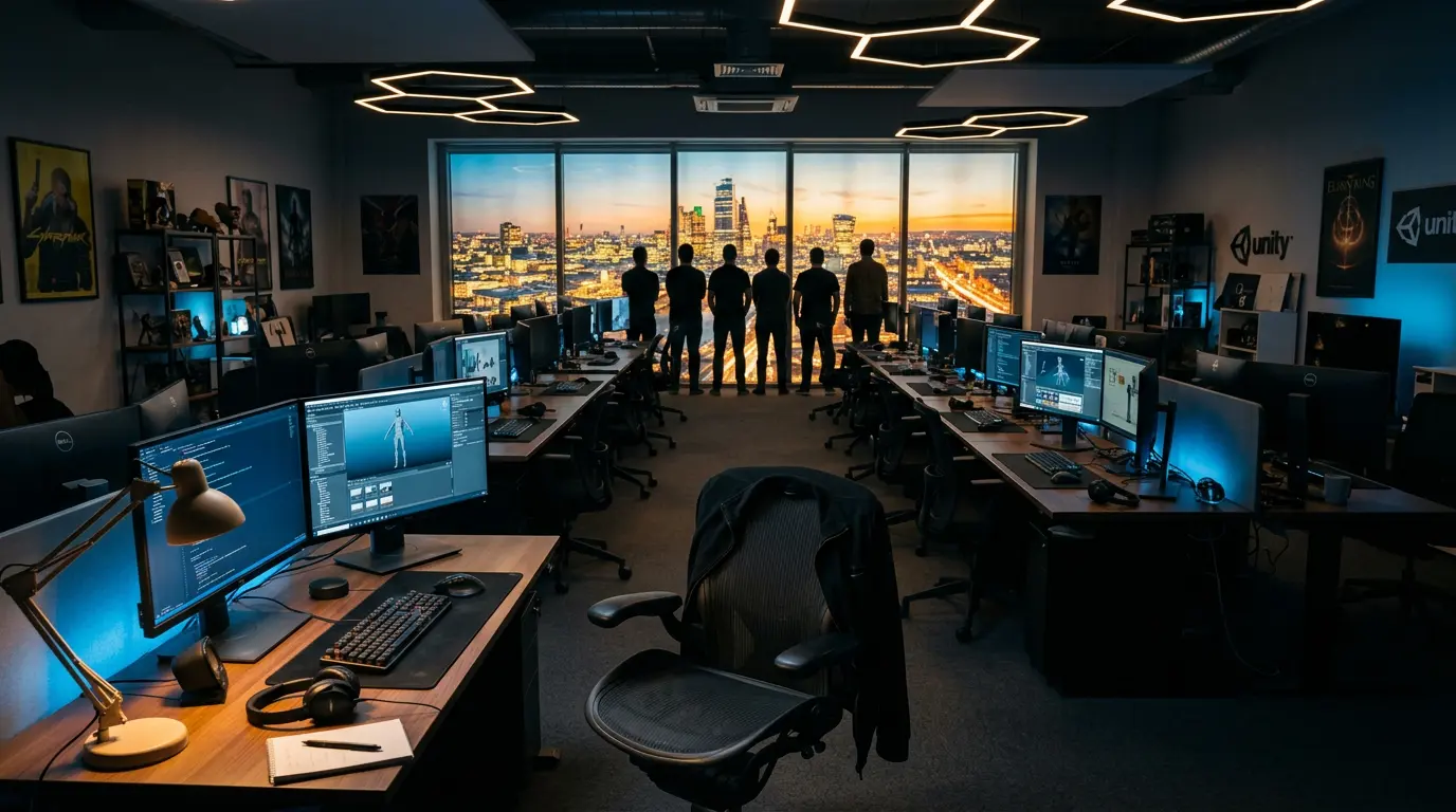 Empty game development office with developer silhouettes standing together in solidarity at sunset