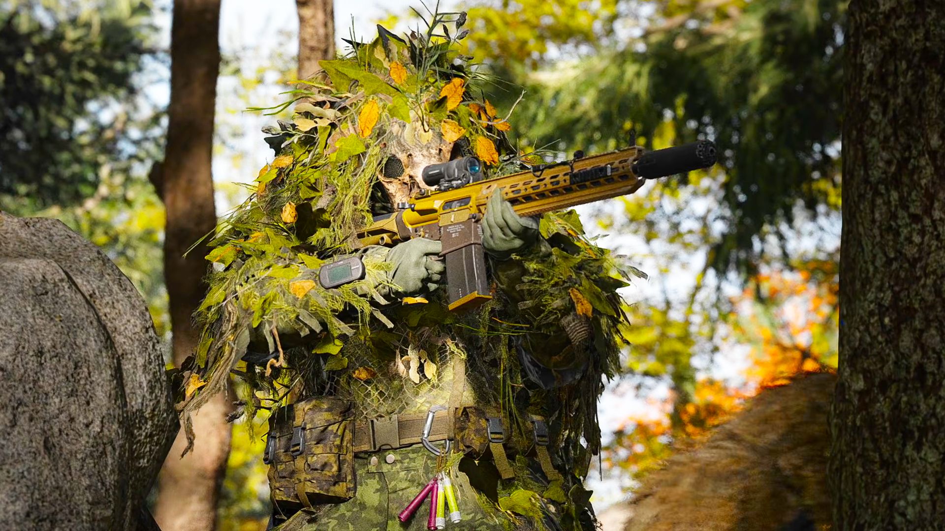 A screenshot of a Call of Duty: Modern Warfare 4 soldier holding a rifle in a ghillie suit.