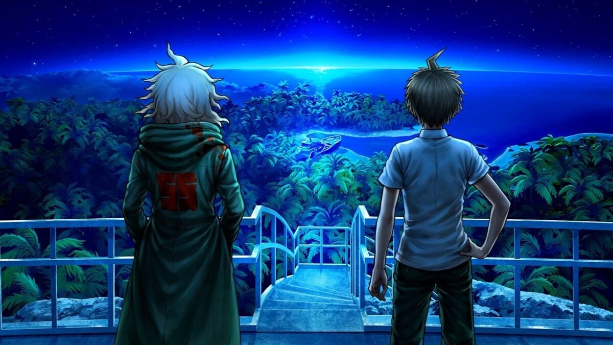 Two anime characters look out at a blue background.